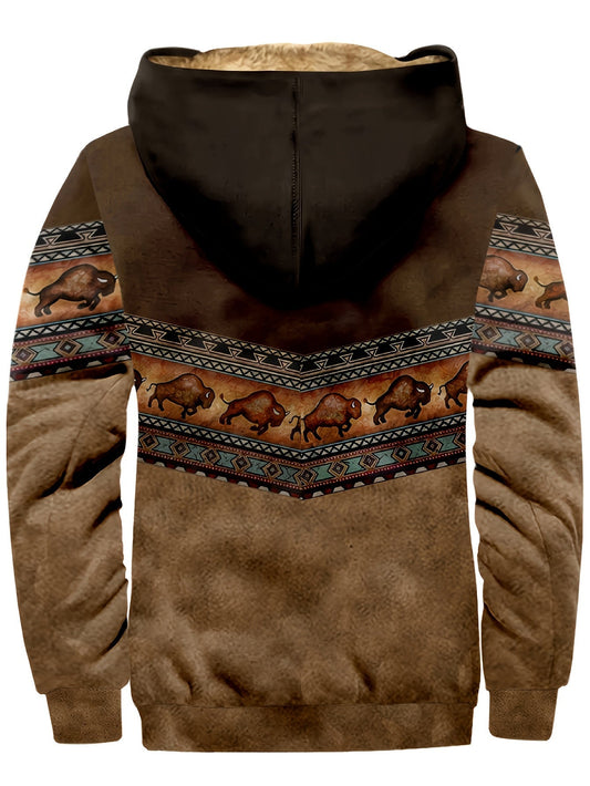 Men's Fleece-Lined Western Style Zip Hoodie for Daily Use