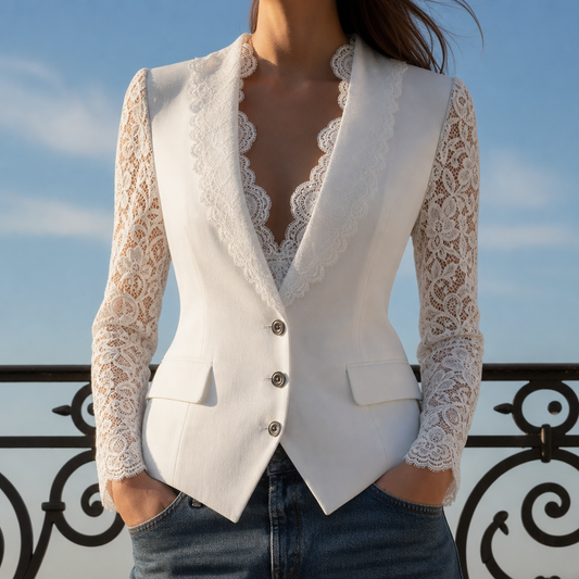 Women's Lace Panel Blazer Top for Fall and Winter Everyday Wear White