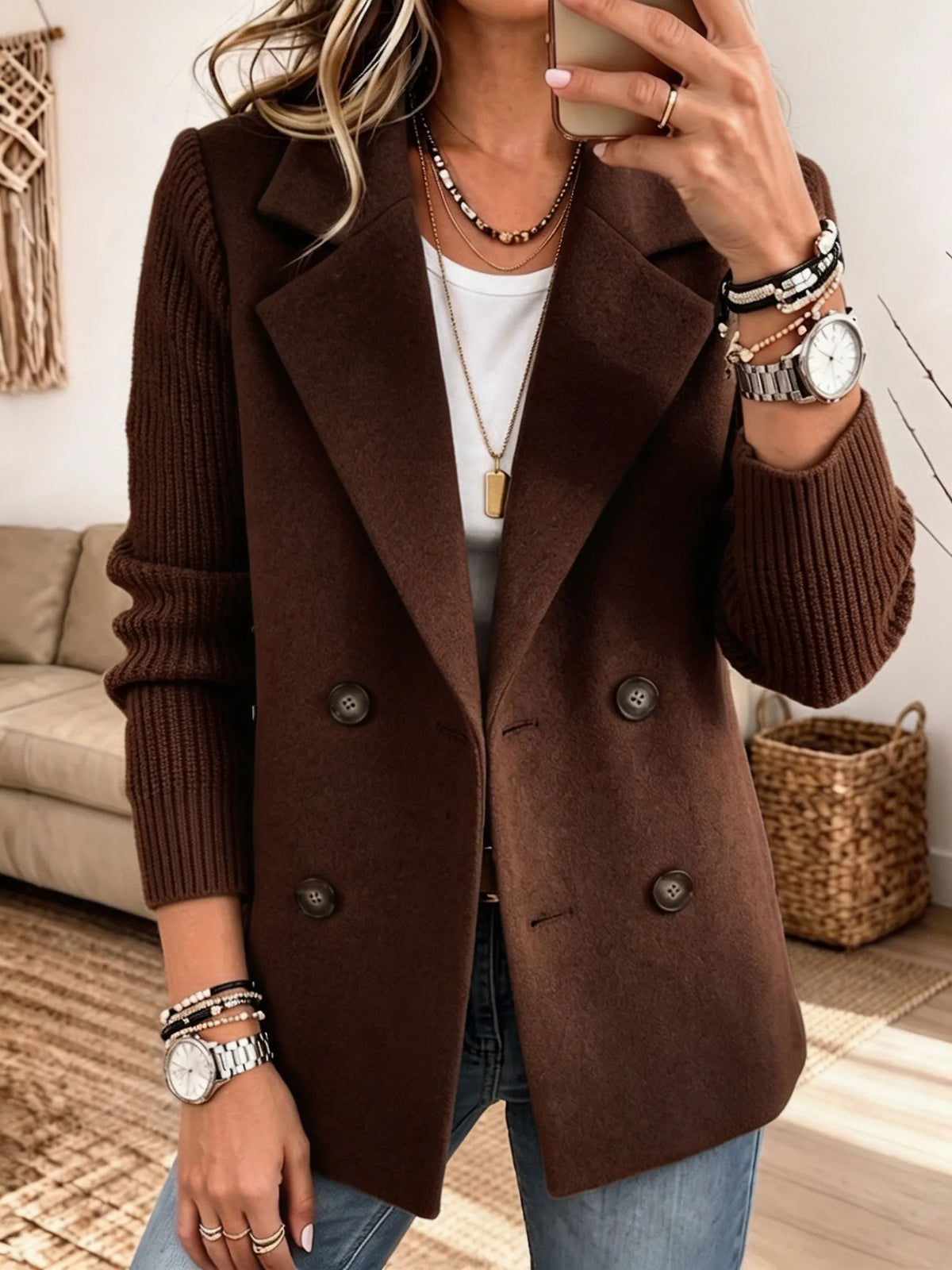 Women's Double-Breasted Blazer with Ribbed Knit Sleeves Dark Brown