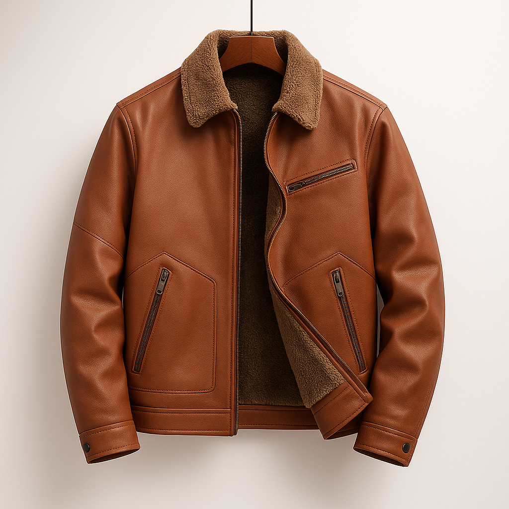 Men's Fleece-Lined Leather Jacket for Fall and Winter Everyday Wear Chestnut