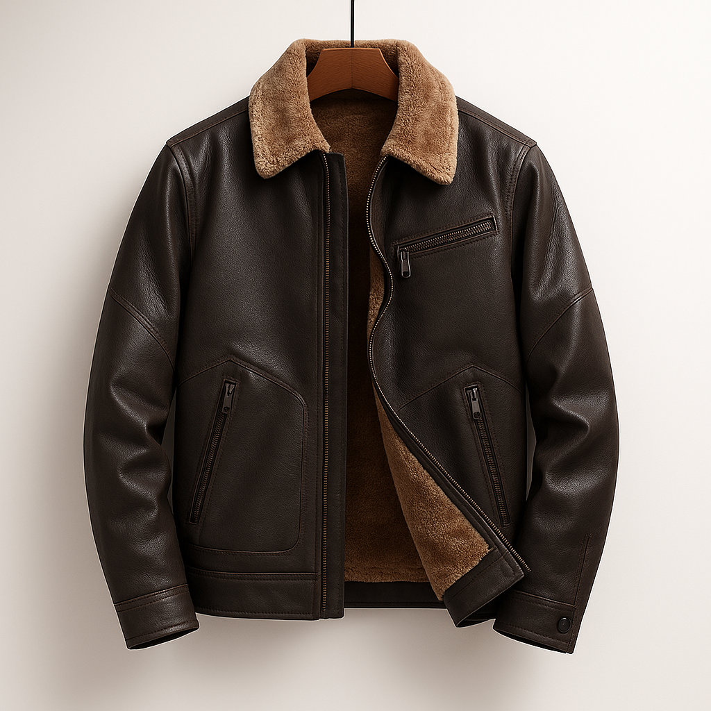 Men's Fleece-Lined Leather Jacket for Fall and Winter Everyday Wear Brown
