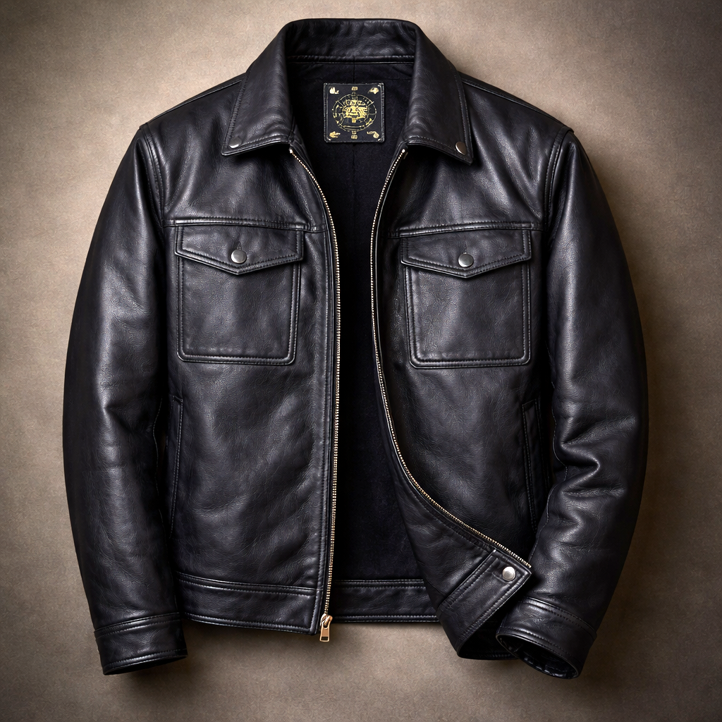Men's Stylish Leather Jacket with Zip-Up Closure for Daily Use Satin Black