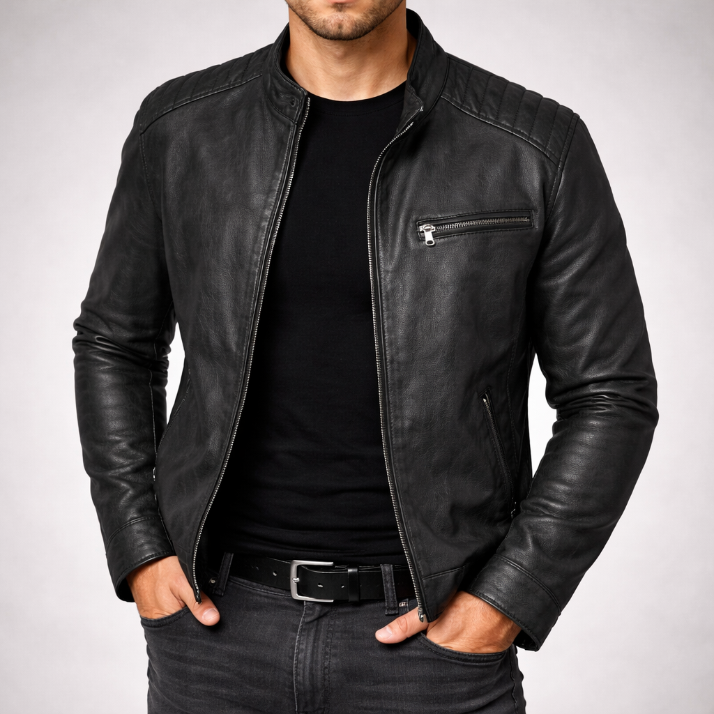 Men's Stylish Classic Leather Jacket with Zip front for Daily Use Black