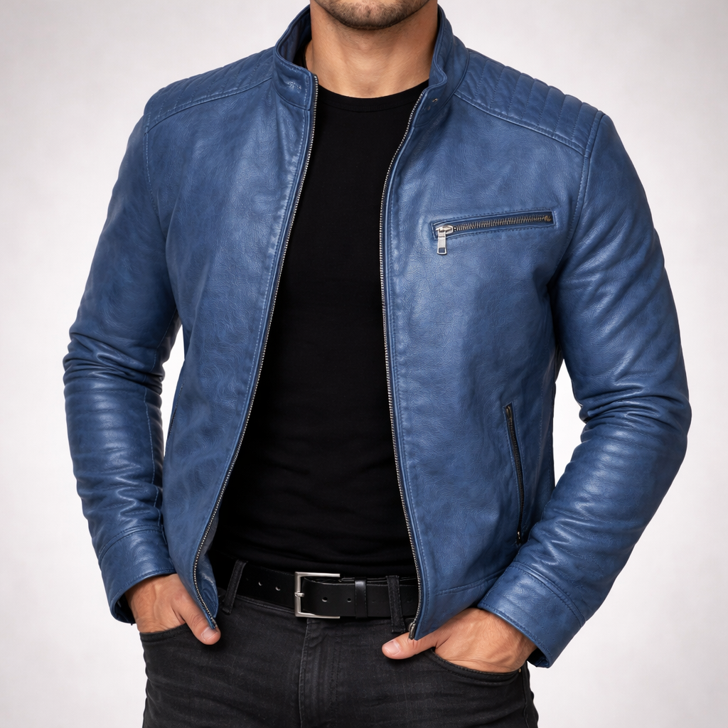 Men's Stylish Classic Leather Jacket with Zip front for Daily Use Blue