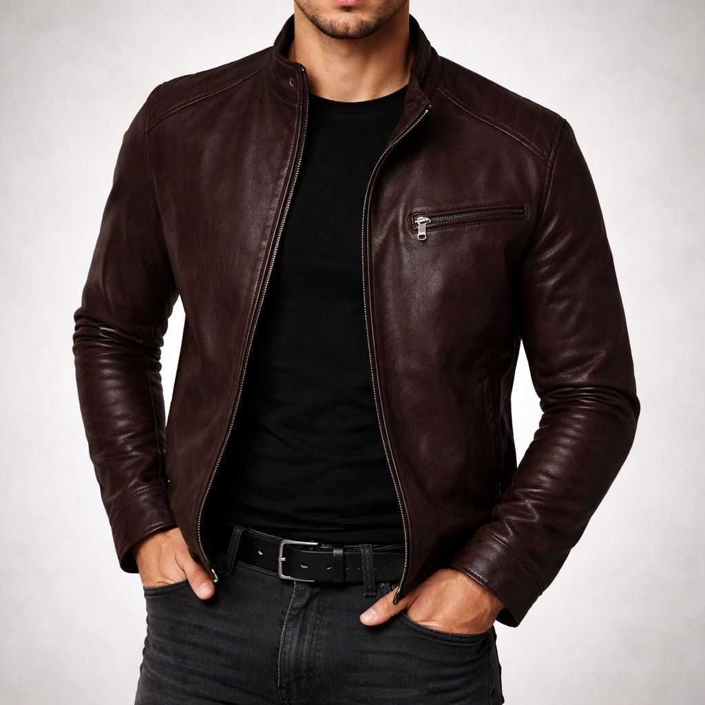 Men's Stylish Classic Leather Jacket with Zip front for Daily Use Coffee