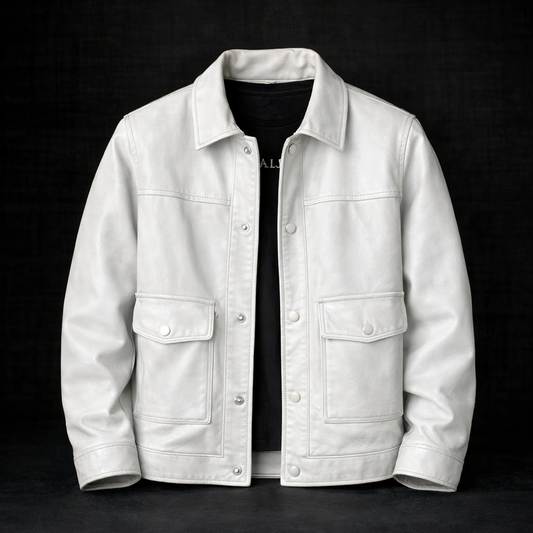 Men's Snap-Front Genuine Leather Jacket with Flap Pockets Eagle White