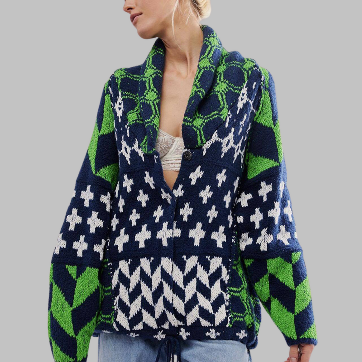 Women's Oversized Cardigan with Button-Down Collar and Long Sleeves Green One Size