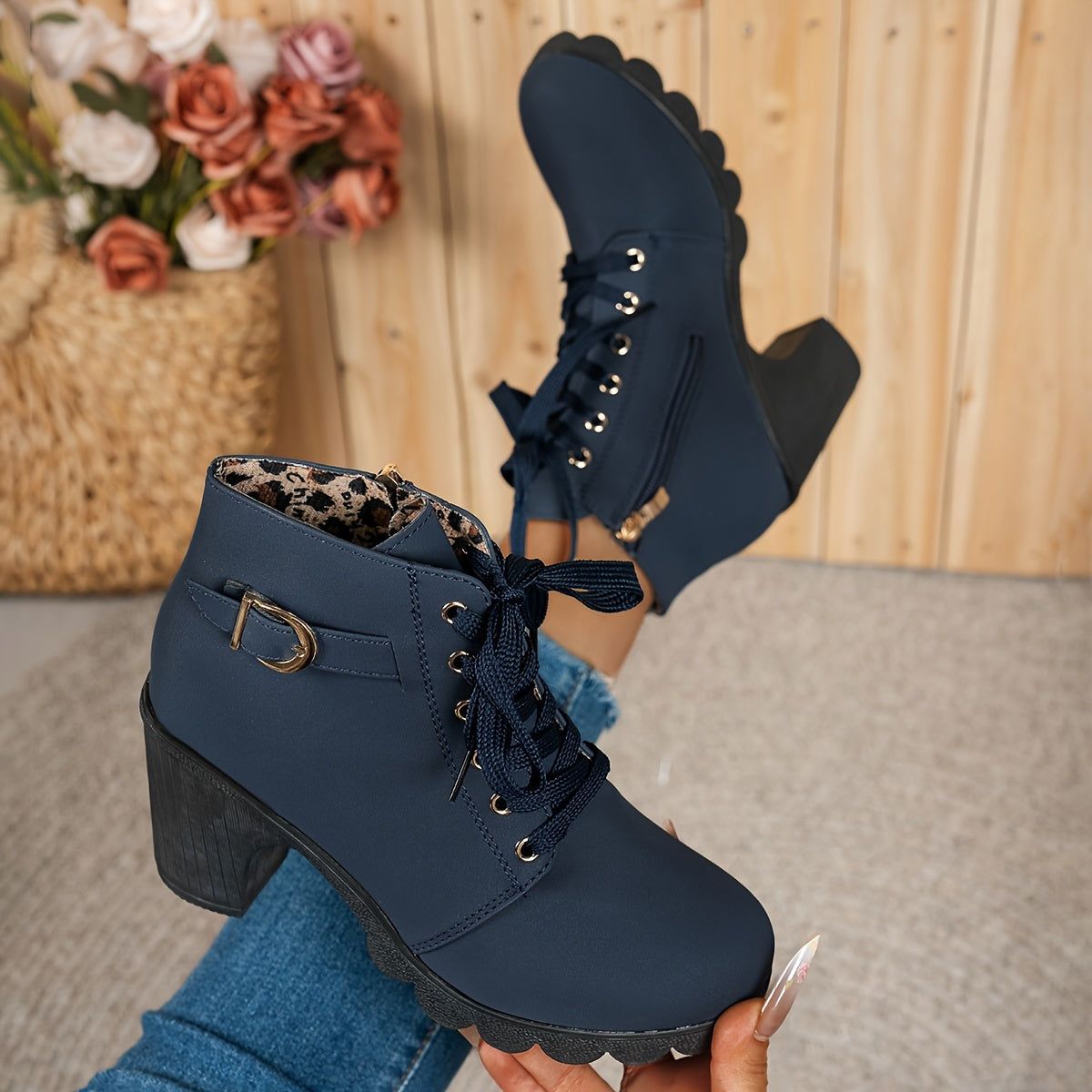 Women's Elegant Lace Up Ankle Boots with Block Heel for Daily Use Blue