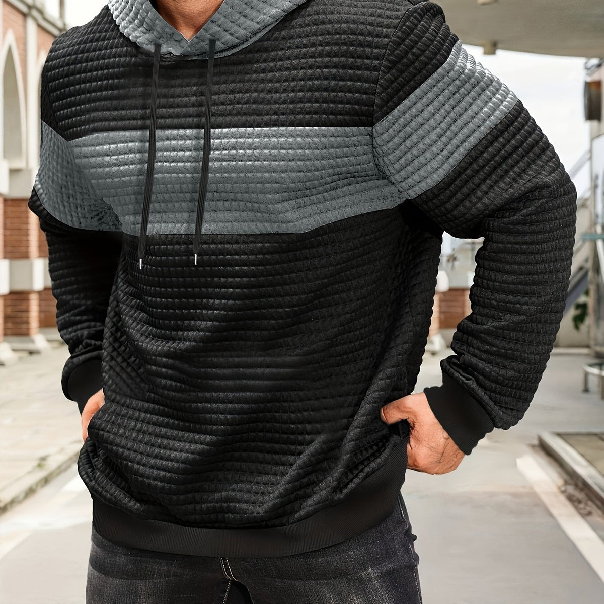 Men's Color-Block Textured Hoodie for Fall and Winter Everyday Wear Silvery Grey