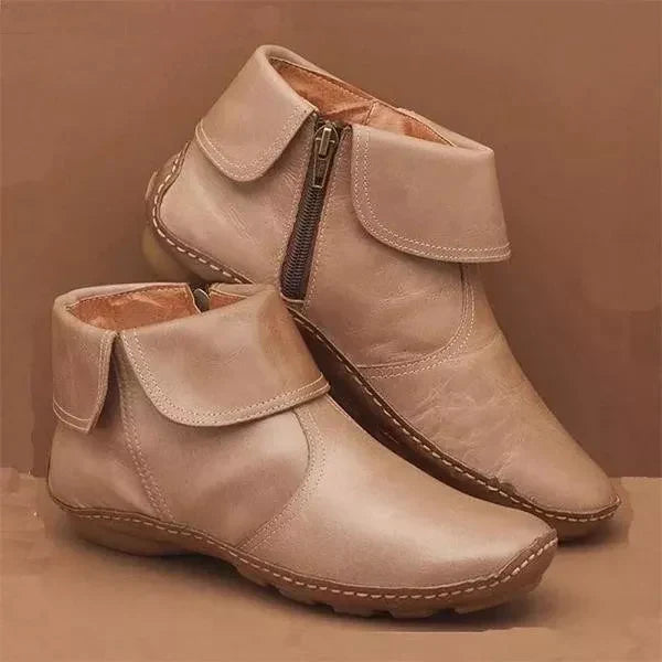 Women's Effortless Buckle Flat Ankle Boots with Non-Slip Sole Beige