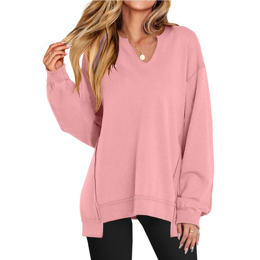 Women's Oversized V-Neck Long Sleeve Tunic Sweatshirt for Daily Use Pink