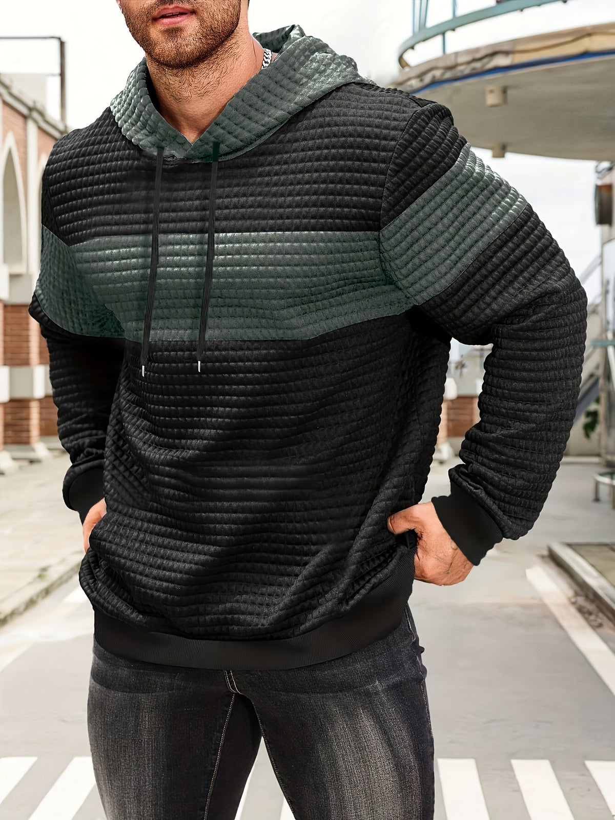 Men's Color-Block Textured Hoodie for Fall and Winter Everyday Wear