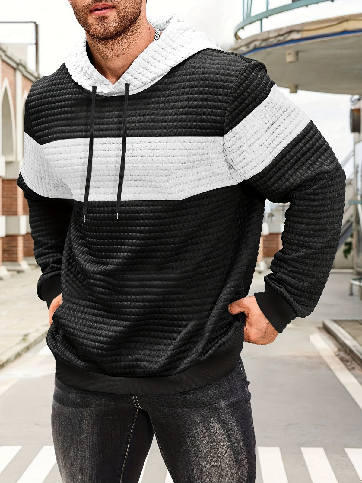 Men's Color-Block Textured Hoodie for Fall and Winter Everyday Wear
