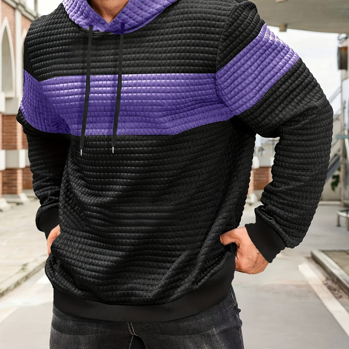 Men's Color-Block Textured Hoodie for Fall and Winter Everyday Wear Purple