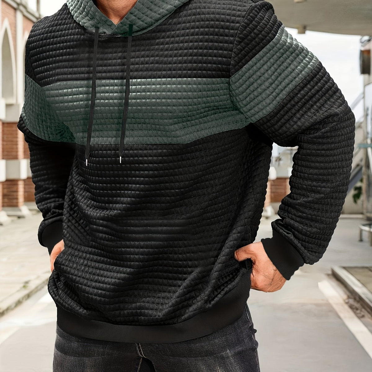 Men's Color-Block Textured Hoodie for Fall and Winter Everyday Wear Medium Grey