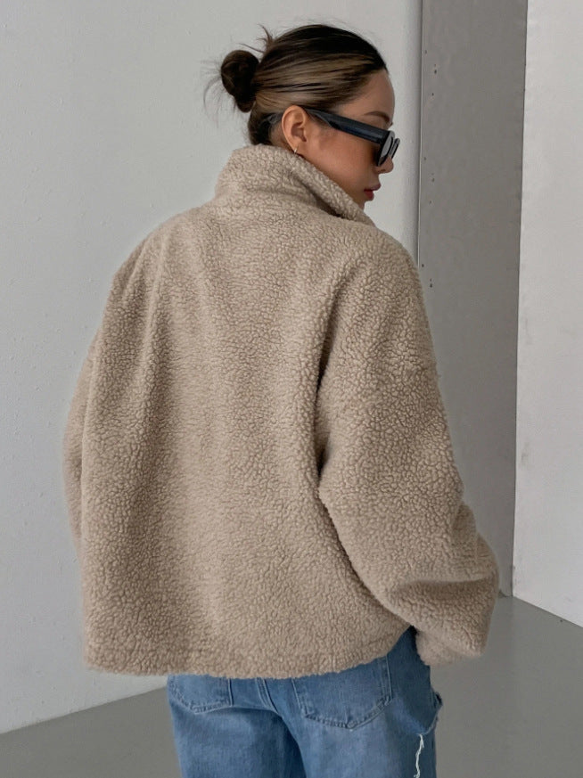 Women's Oversized Teddy Jacket with Zip Front and Stand Collar Pockets