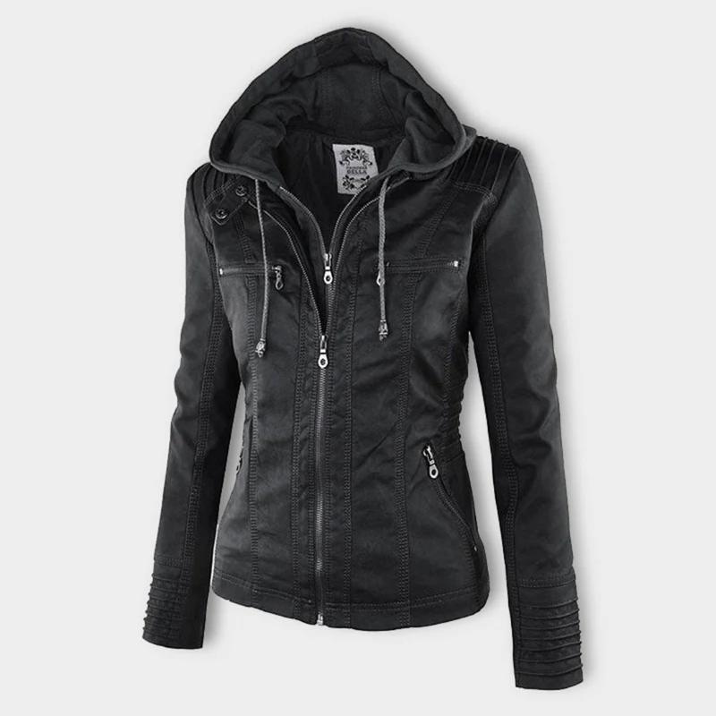 Women's Hooded Faux Leather Motorcycle Jacket with Full front zipper