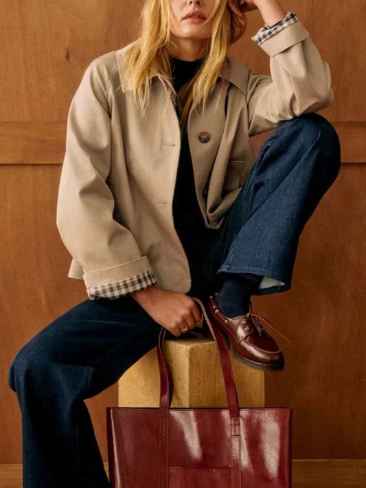 Women's Cropped Trench Coat with Button Front for Fall for Daily Use