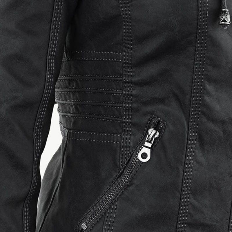 Women's Hooded Faux Leather Motorcycle Jacket with Full front zipper