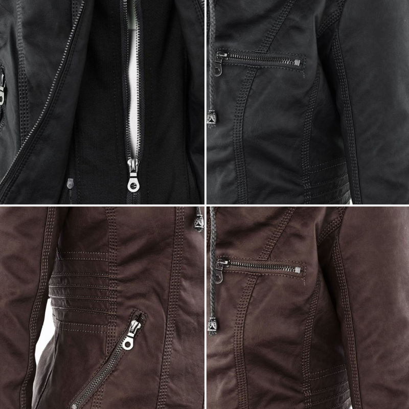 Women's Hooded Faux Leather Motorcycle Jacket with Full front zipper
