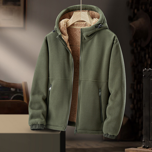 Men's Sherpa-Lined Fleece Hoodie with Cozy Fur Hood with Front zip-up Army Green