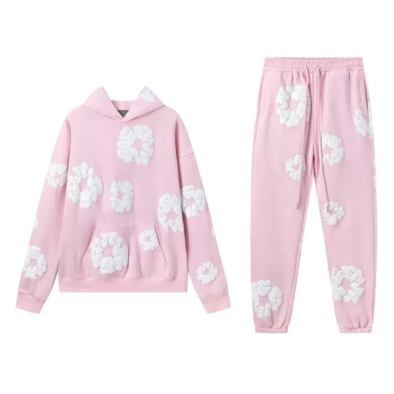 Men's Printed Denim Tracksuit Set – Casual Streetwear Outfit Pink suit