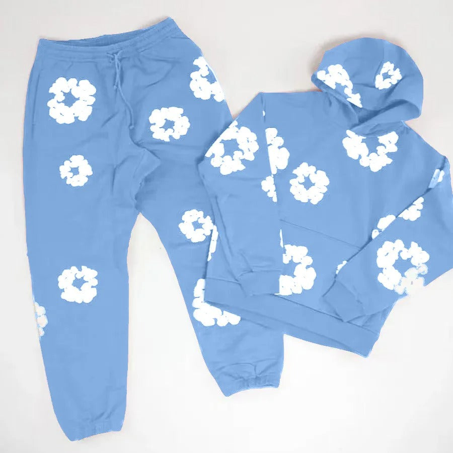 Men's Printed Denim Tracksuit Set – Casual Streetwear Outfit Light Blue suit