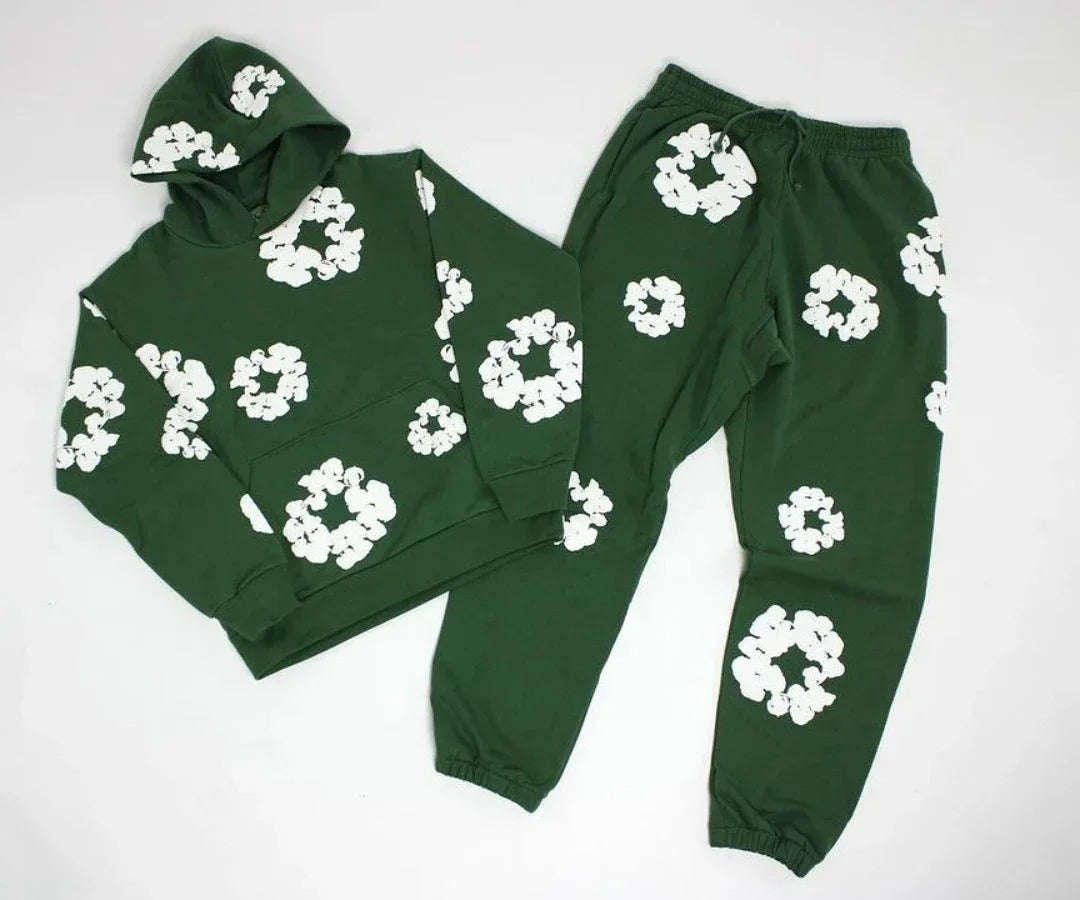 Men's Printed Denim Tracksuit Set – Casual Streetwear Outfit Dark green suit