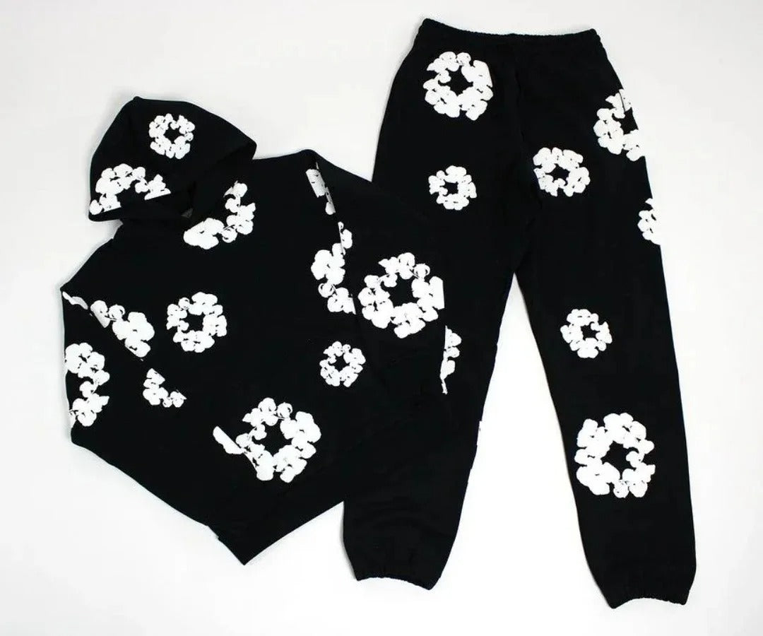 Men's Printed Denim Tracksuit Set – Casual Streetwear Outfit Black suit