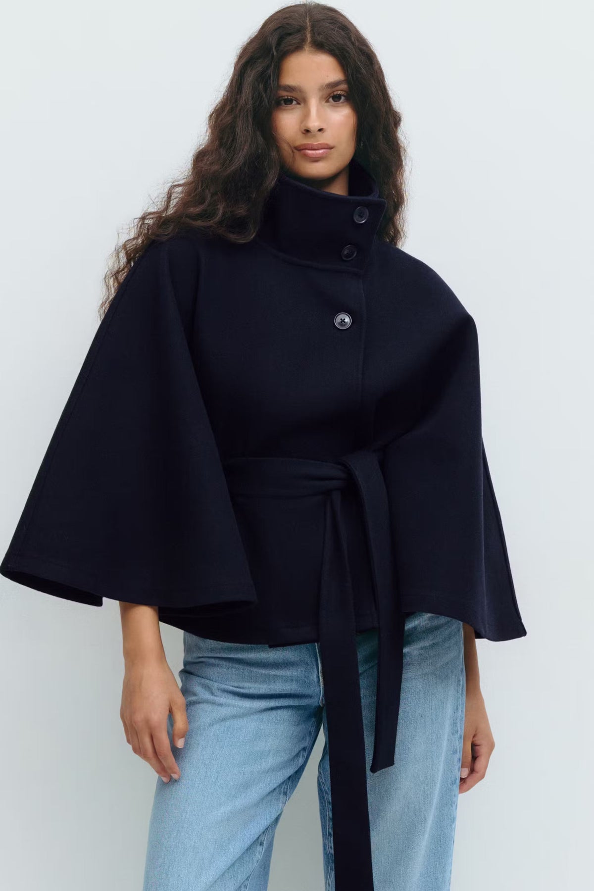 Women's Short Trench Coat for Fall with Belted Waist Tie Black