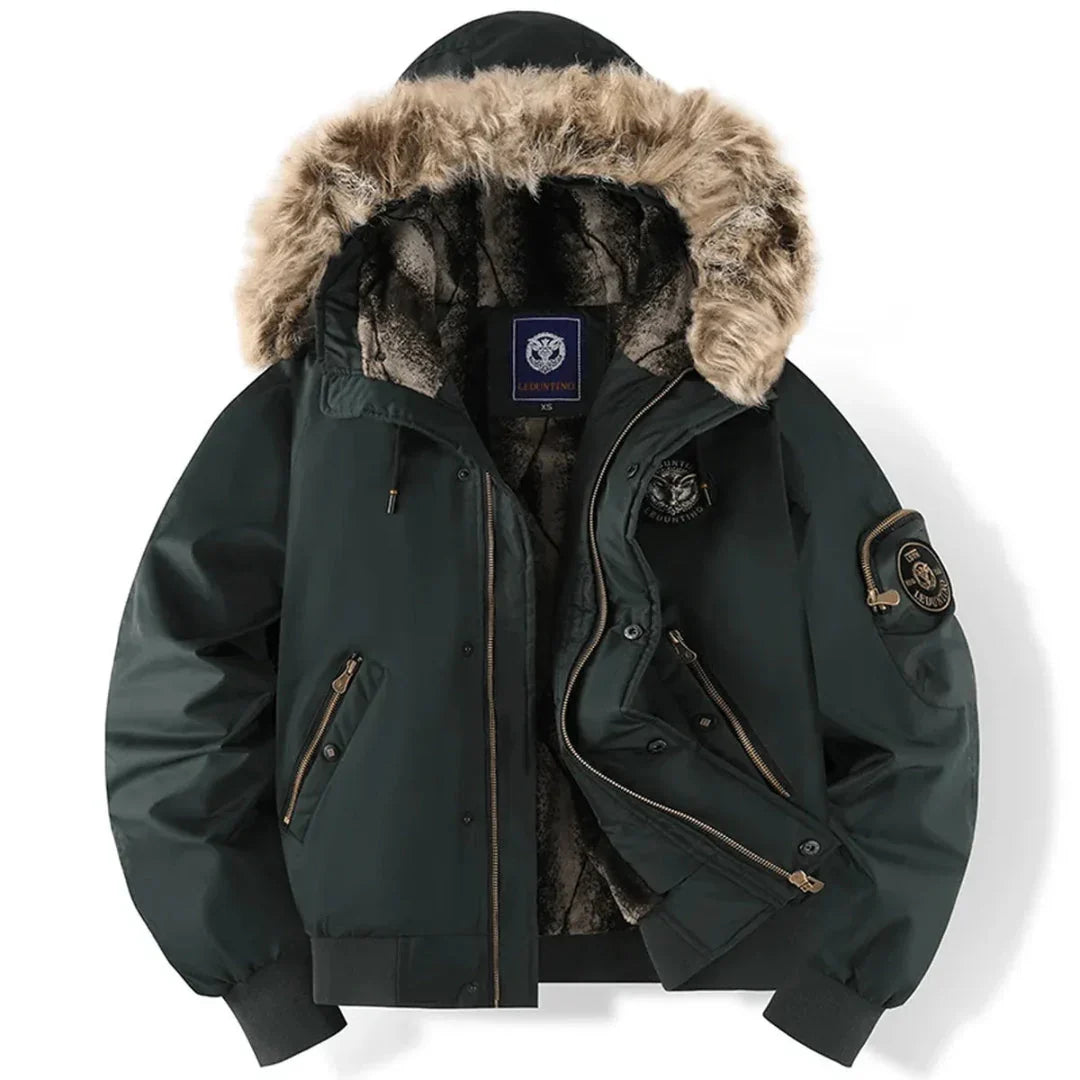 Men's Quilted Bomber Jacket with Faux Fur Hood for Daily Use Dark Green