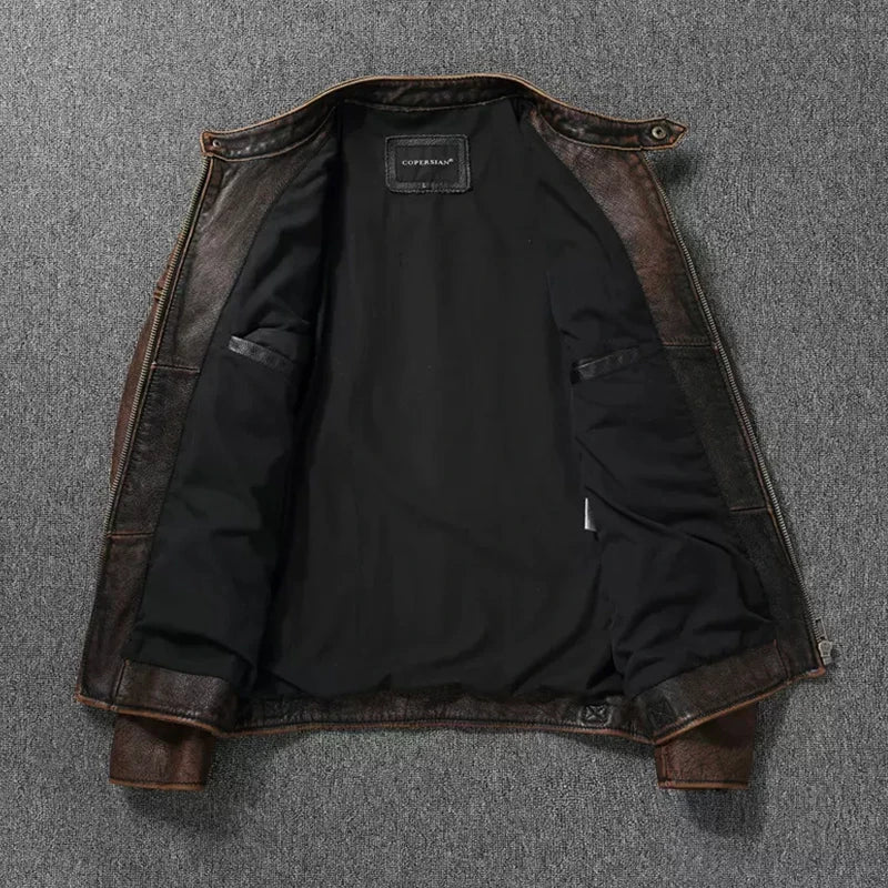 Men's Genuine Leather Bomber Jacket with Cowhide and Fur