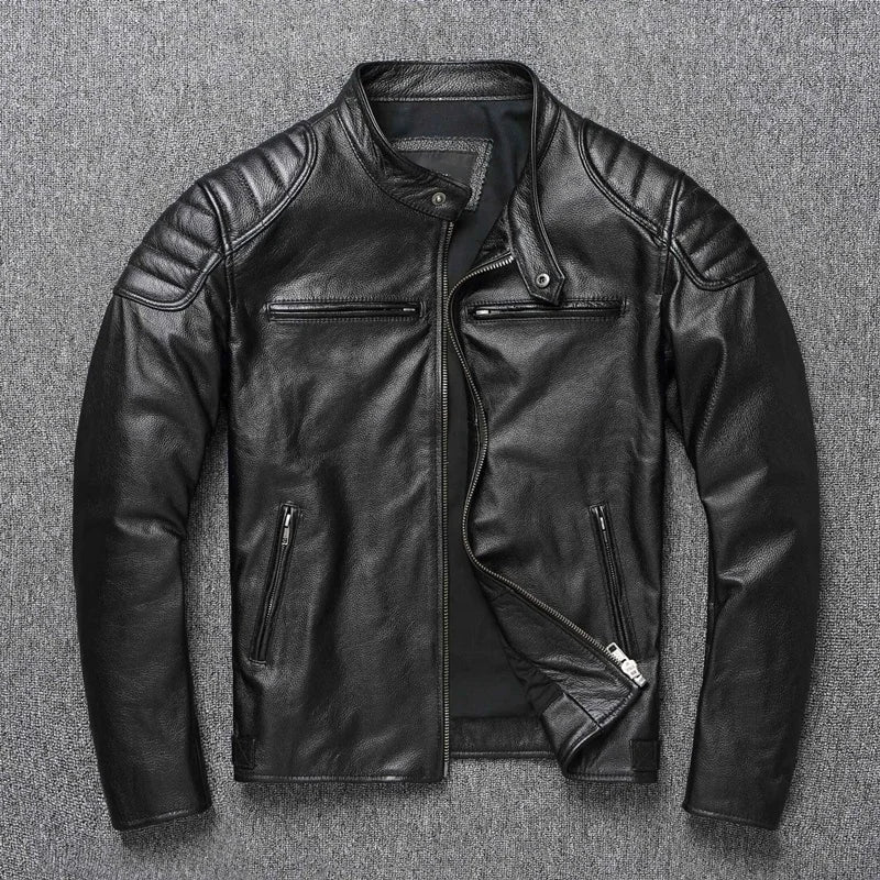 Men's Genuine Leather Bomber Jacket with Cowhide and Fur Black