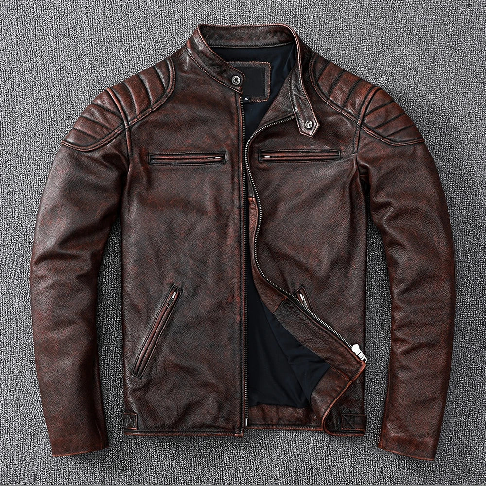 Men's Genuine Leather Bomber Jacket with Cowhide and Fur Brown