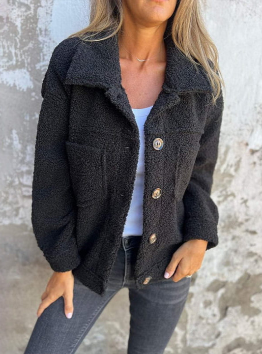 Women's Fleece Jacket for Fall with Button Front Pockets Black