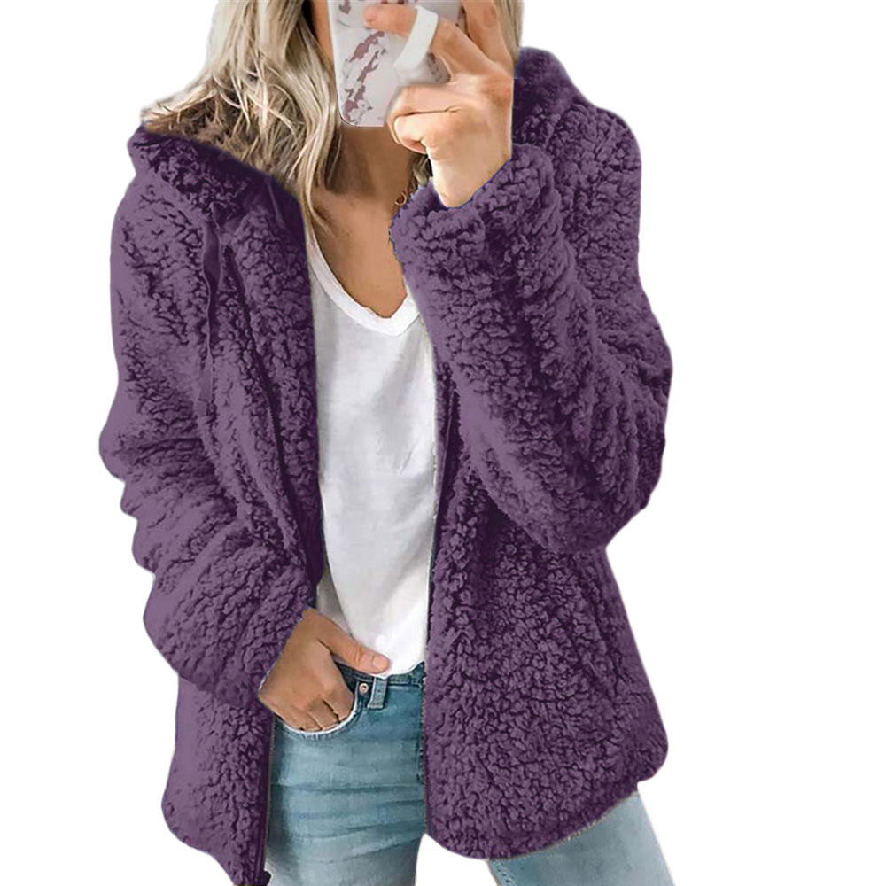 Women's Hooded Teddy Jacket with Zip Front and Long Sleeves Purple