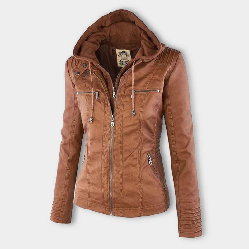 Women's Hooded Faux Leather Motorcycle Jacket with Full front zipper