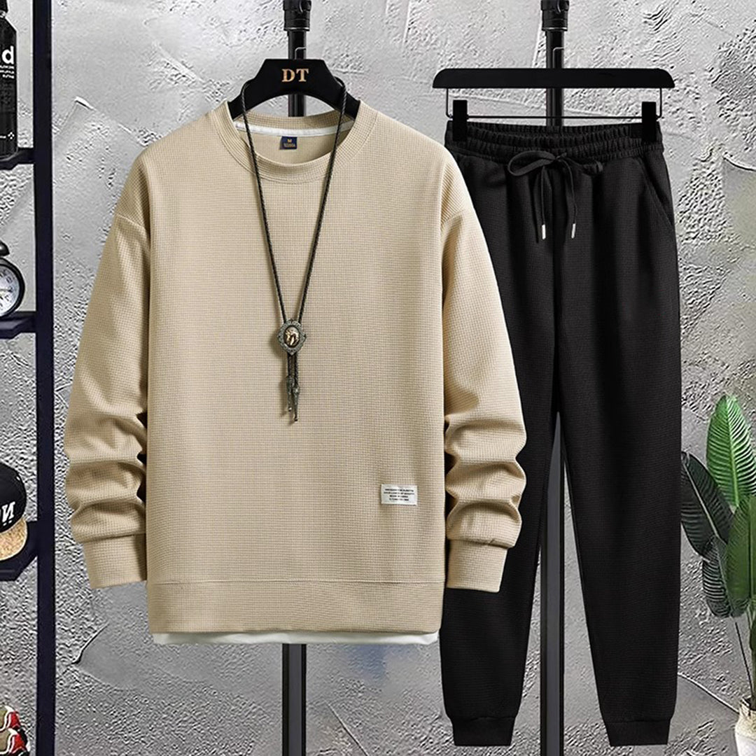 Men's Comfortable and Stylish Tracksuit Set with Drawstring waist Beige-Black