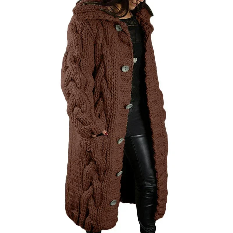 Women's Long Cable-Knit Cardigan with Button Front for Daily Use Brown