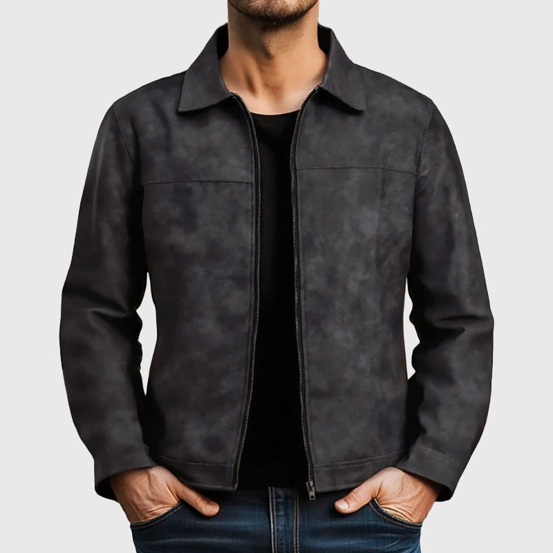 Men's Zip-Up Faux Leather Biker Jacket with Zipper for Daily Use Black