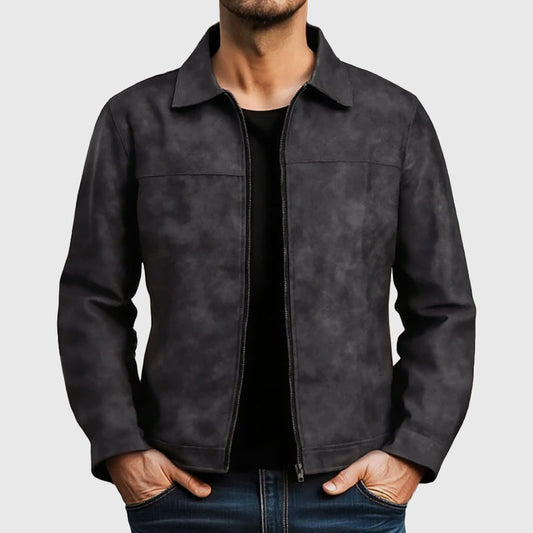 Men's Zip-Up Faux Leather Biker Jacket with Zipper for Daily Use Black