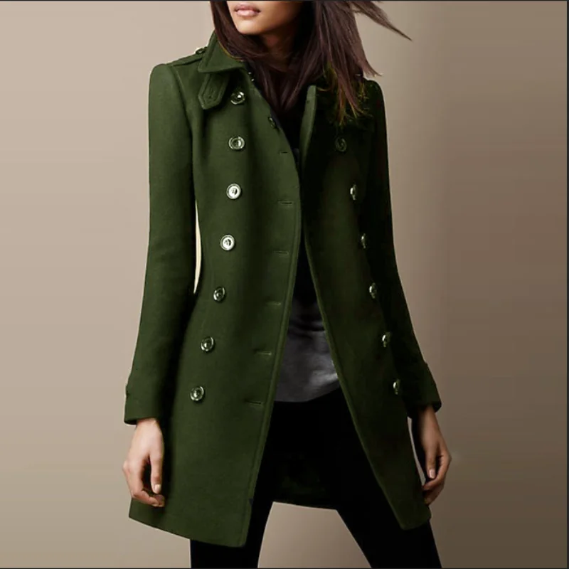 Women's Long Casual Trench Coat with Double Breasted Closure Green