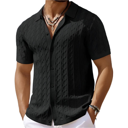 Men's Button-Down Knit Polo Shirt for Fall and Winter Everyday Wear Black
