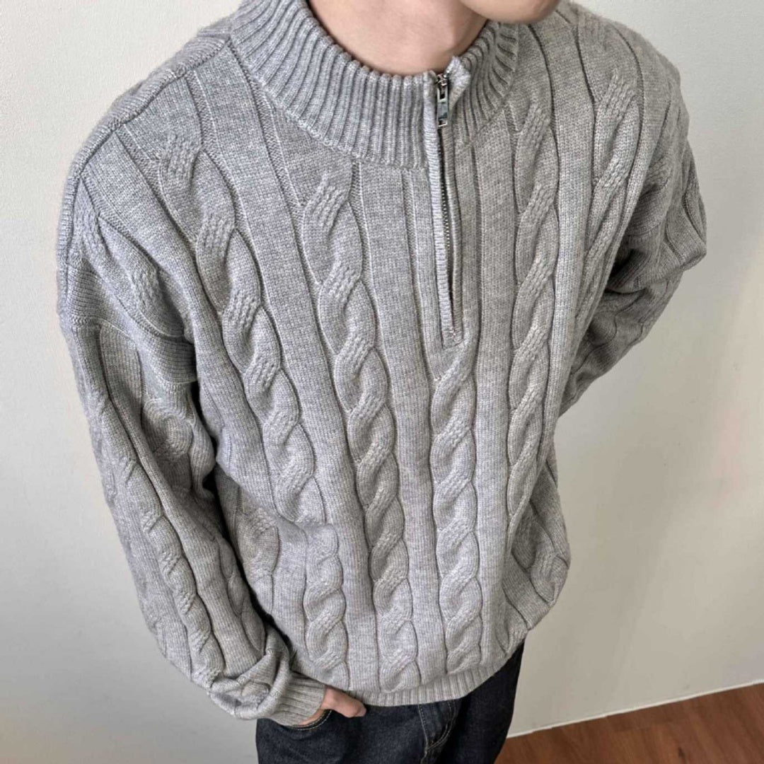 Men's Cable Knit Quarter Zip Sweater for Fall and Winter Everyday Wear Grey
