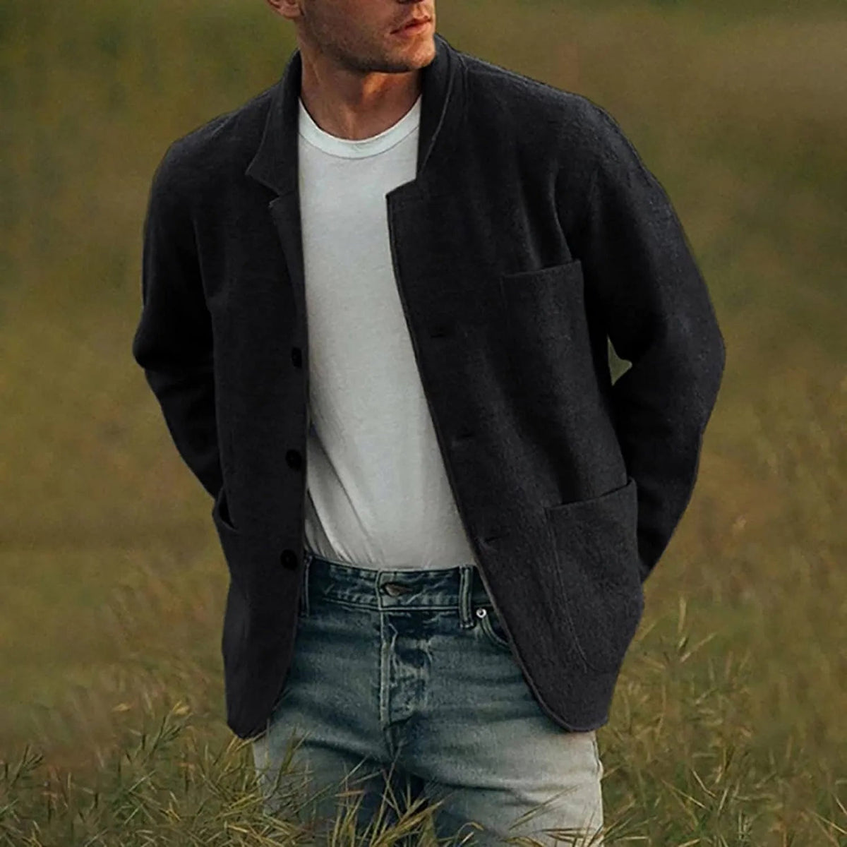 Men's Dark Gray Casual Button-Down Jacket for Fall and Winter Black