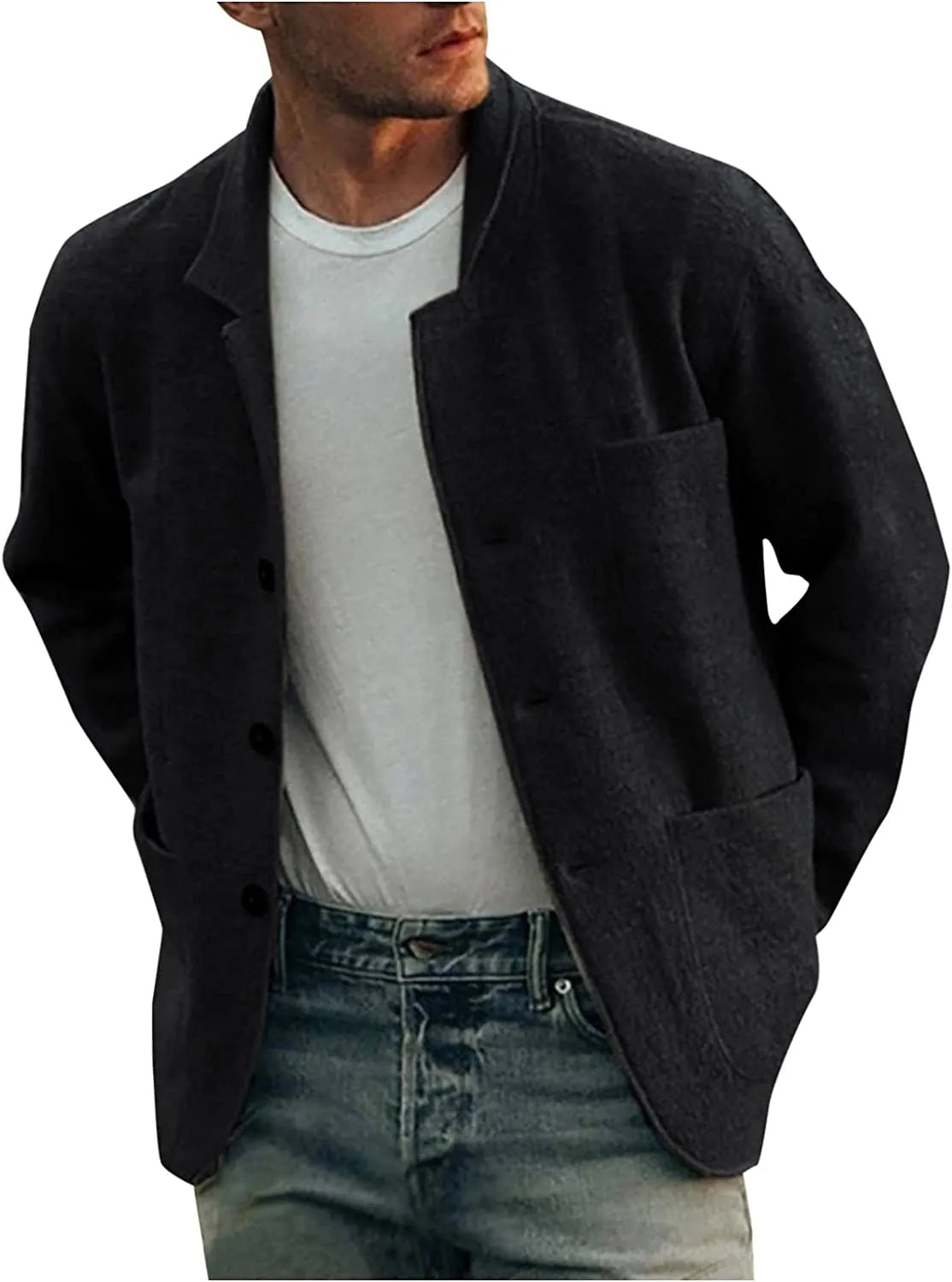 Men's Dark Gray Casual Button-Down Jacket for Fall and Winter