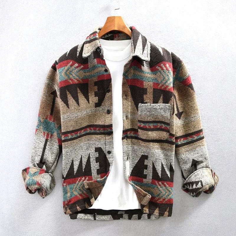 Men's Multi-Color Aztec Casual Button-Down Jacket for Fall and Winter Brown