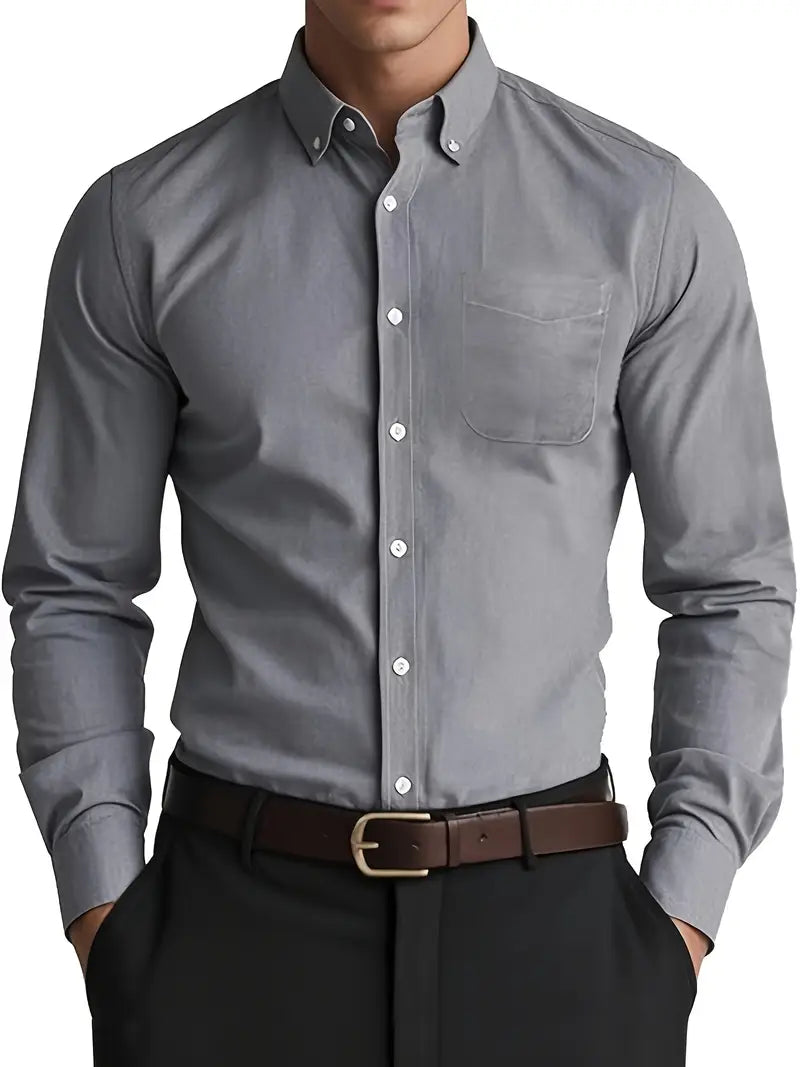 Men's Grey Casual Button-Down Shirt for Fall and Winter Everyday Wear Grey