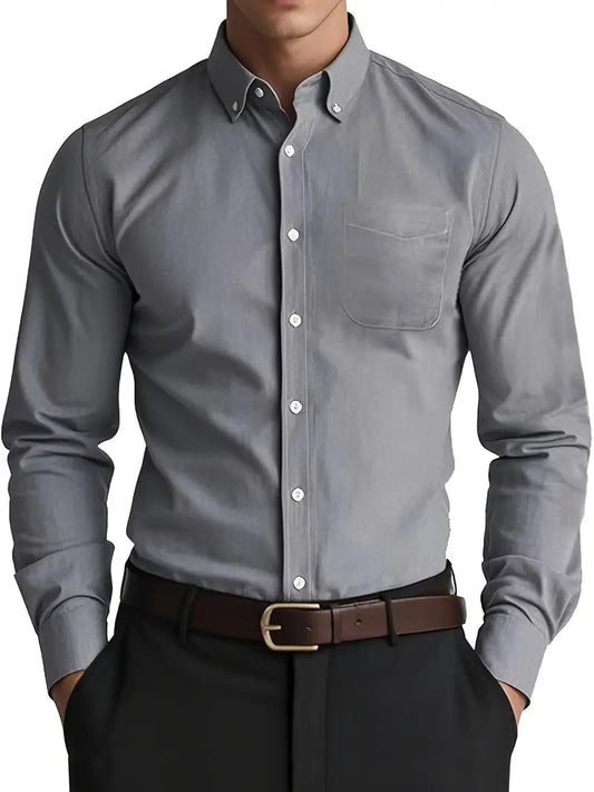 Men's Grey Casual Button-Down Shirt for Fall and Winter Everyday Wear Grey