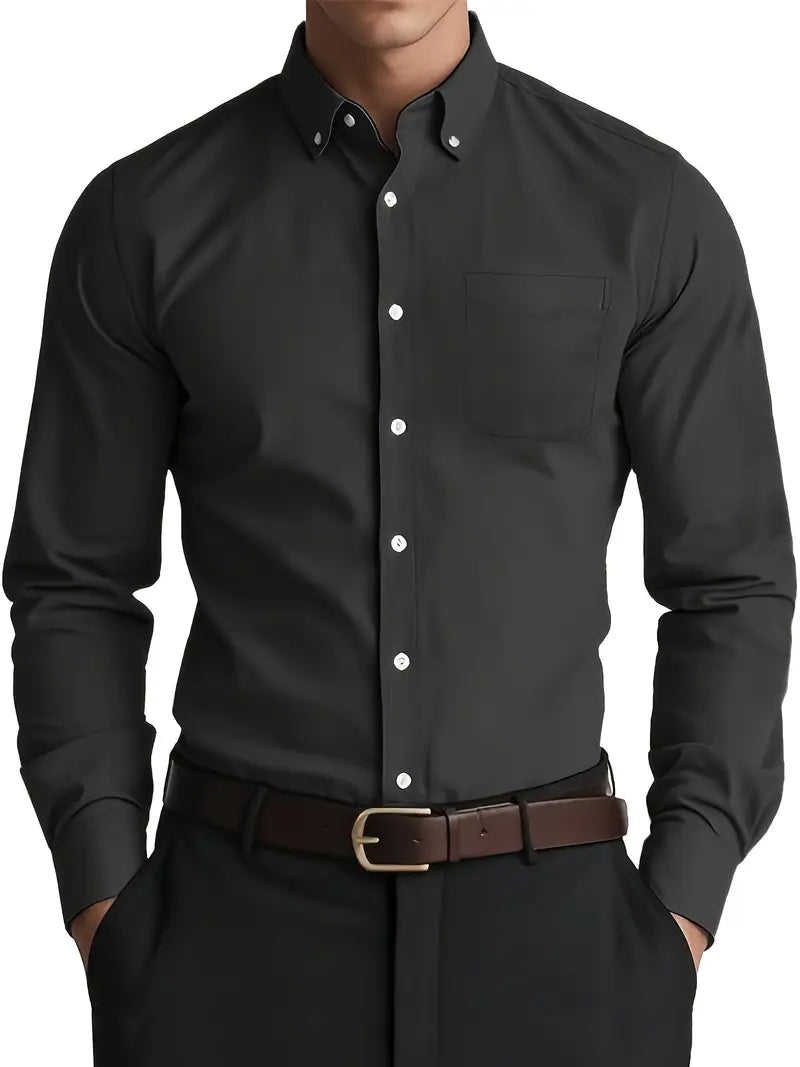 Men's Grey Casual Button-Down Shirt for Fall and Winter Everyday Wear Black